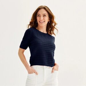 Draper James Navy Blue Pointelle Sweater Large NWT